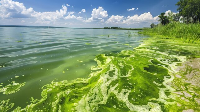 Green Algae Bloom on a Sunny Day at a Lake