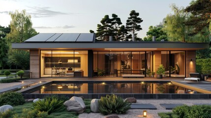Fototapeta premium Modern Home With Pool at Dusk