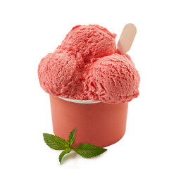 Strawberry ice cream scoops in paper cup isolated on white background