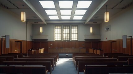 Courtroom Interior with Wooden Benches and Large Windows