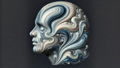 Surrealistic Human Head Side Profile with Flowing Abstract Patterns in Blue and Grey Tones Against Dark Background