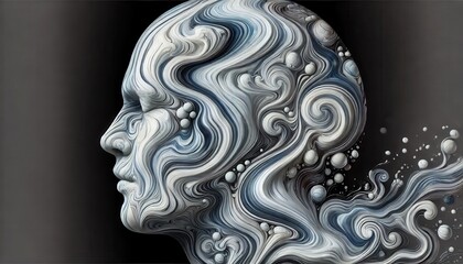 Surreal Abstract Artwork of a Human Profile with Intricate Fluid-like Patterns and Swirling Elements in Shades of White and Blue