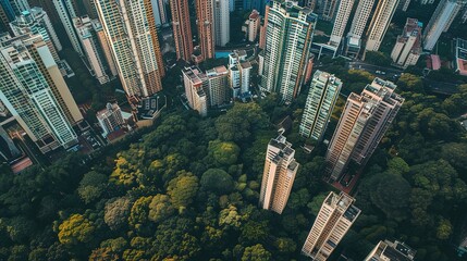 Aerial View of Dense Urban Skyline Surrounded by Lush Green Park