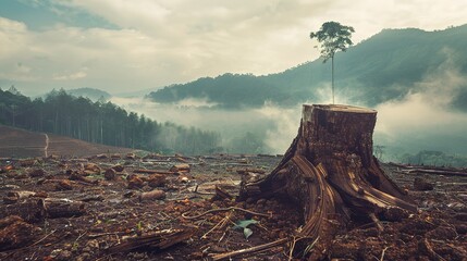 Obraz premium A Young Tree Sprouting From A Cut Stump In A Deforested Area