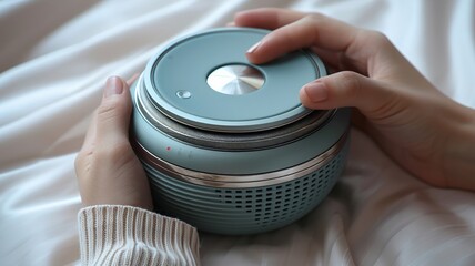 Woman's Hand Interacting with a Teal Speaker