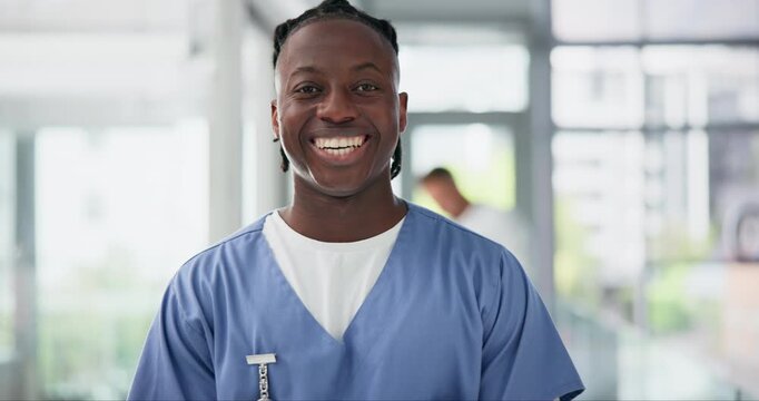 Nurse, man and pride for healthcare on face, consultation service and medical professional in clinic. Black male person, doctor and support for medicare in portrait, hospital and happy for insurance