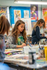 Children Engaged in Creative Art Class Project with Teacher Guidance in a Vibrant Classroom