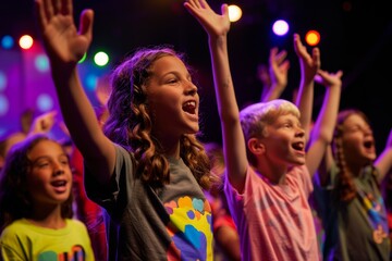 Obraz premium Excited Classmates Performing at School Concert with Colorful Stage Lights and Cheering Audience