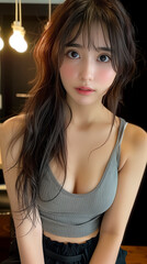 グレーのタンクトップを着ている可愛い女性モデル