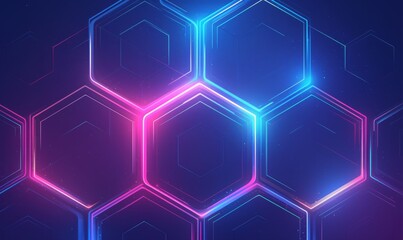 Modern Digital Abstract Pattern with Neon Blue and Pink Glowing Hexagons on Black Background, Ideal for Technology or Sport Design