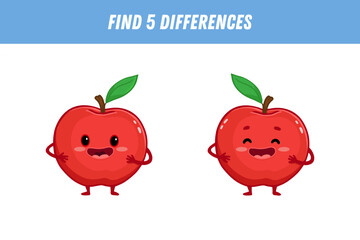 Find 5 differences between two pictures of cute apple. Cartoon red apple with arms and legs. Educational logical game for children. Vector illustration