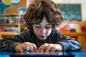 Focused Young Student Learning Math on Tablet in a Bright Educational Classroom Setting