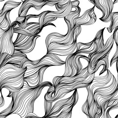 Seamless hair illustration. Abstract hand-drawn lines pattern, waves background.