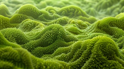Close-up view of green microscopic organisms of algae cells, creating an abstract and organic pattern ideal for backgrounds.