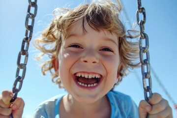 A young boy laughing joyfully as he swings high against a clear blue sky, having the time of his life, radiating boundless happiness and excitement in an open outdoor space.