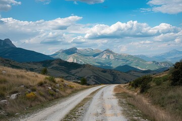 Naklejka premium Tranquil and picturesque mountain road landscape surrounded by rolling hills. Clear blue skies. And untouched nature