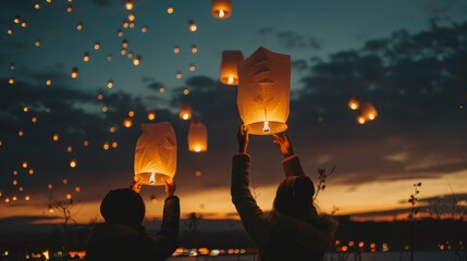 Two people launching glowing sky lanterns amidst a backdrop of a darkening sky dotted with floating lanterns, capturing a sense of wonder, celebration, and serenity.