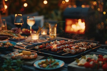 A delightful evening outdoor barbecue featuring a table adorned with grilled meats, vegetables, wine glasses, and other dishes, set against a backdrop of warm decorative lighting.