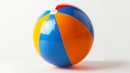 A bright beach ball with striking blue, orange, and yellow sections placed on a white background, representing energetic summer vibes and playful outdoor moments full of fun.