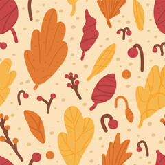 Seamless autumn pattern with colorful leaves and berries on a beige background. Fall forest repeat background. Vector hand drawn illustration.