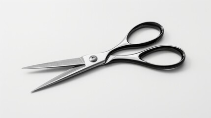Fototapeta premium This image displays a pair of ergonomic haircut scissors with black handles, positioned on a white background, emphasizing their sharp blades and sleek design for professional hairdressing.