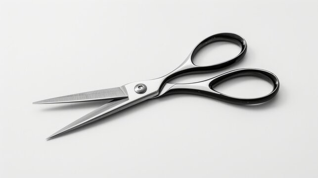 This image displays a pair of ergonomic haircut scissors with black handles, positioned on a white background, emphasizing their sharp blades and sleek design for professional hairdressing.