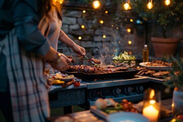 Friends enjoying an evening BBQ with delicious food in a backyard under decorative lights. A memorable gathering with culinary delights and good company in a serene setting.