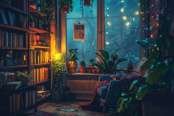 A serene corner with a person enjoying tea surrounded by books and lush greenery, under the soft glow of warm lights