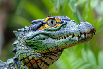 A high-resolution close-up photo of a vibrant and colorful lizard in the wild, highlighting the intricate patterns and textures of its skin amid the lush surroundings.