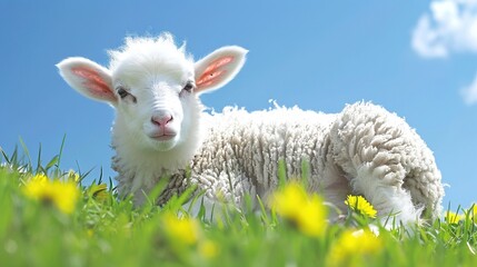 Obraz premium A close-up of a sheep lying on a field of green grass with yellow flowers in the foreground and a blue sky as the backdrop