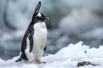 A Gentoo penguin stands on icy terrain during winter, with snow falling from the sky, embodying the harsh yet beautiful environment of its natural habitat in the polar region.
