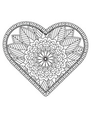 Heart with floral mandala pattern, heart mandala coloring page for adult, heart shaped mandala floral pattern for coloring book, hand drawn heart floral mandala doodle.