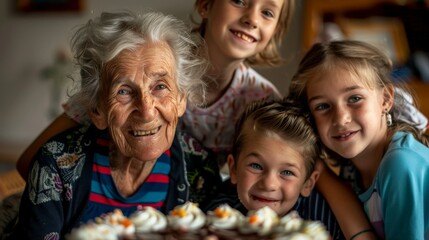 A joyful elderly woman celebrates her birthday in the warm company of her grandchildren, creating precious memories around a cake, with heartfelt smiles and love.