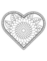 Heart with floral mandala pattern, heart mandala coloring page for adult, heart shaped mandala floral pattern for coloring book, hand drawn heart floral mandala doodle.