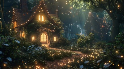 An enchanting, fairy-tale house illuminated with twinkling lights in a mysterious forest at night, evoking a sense of wonder, fantasy, and magical realism.