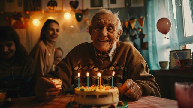 An old man celebrates his birthday, surrounded by family and friends, enjoying a jubilant moment with a beautifully decorated cake, colorful lights, and laughter.