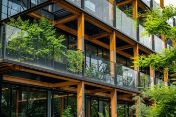 Obraz premium A contemporary building facade featuring large glass panels and balconies decorated with lush greenery, combining modern architecture and nature harmoniously. Epitomizes sustainable design.