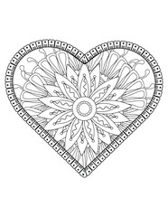 Heart with floral mandala pattern, heart mandala coloring page for adult, heart shaped mandala floral pattern for coloring book, hand drawn heart floral mandala doodle.