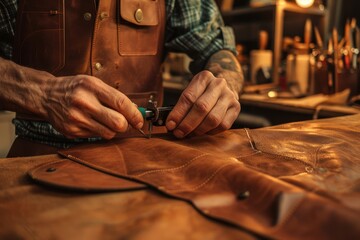 Obraz premium Artisan sewing leather in workshop with precision tools and focus