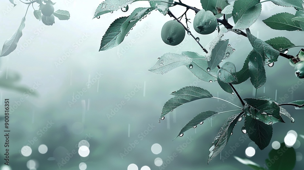 Poster    a tree branch with sharp leaves and water droplets, set against a soft background