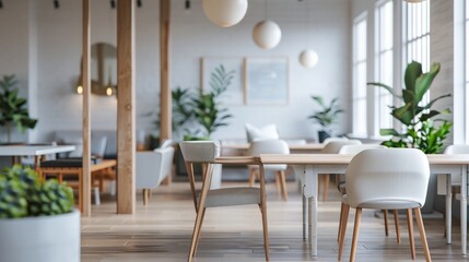 Trendy caf&eacute; interior design featuring a mix of modern and comfortable furniture, ample natural lighting through large windows, and an inviting atmosphere perfect for socializing.