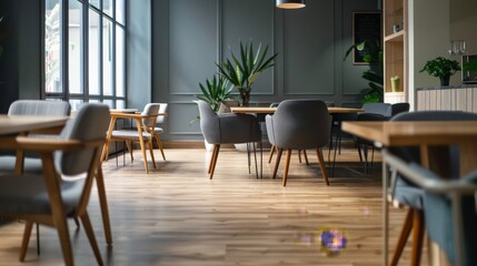 Fototapeta premium Dining area with plenty of natural light from large windows, featuring modern furniture and greenery, providing a cheerful atmosphere for meals and social gatherings.