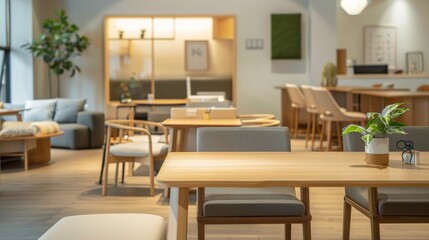 A minimalistic office space with light wood furniture and green decor, offering a serene, organized environment enhanced by natural light and functional design elements.