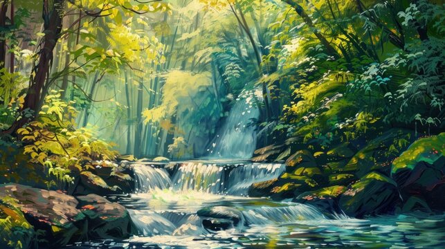Beautiful stream painting in tropical forest - beautiful natural landscape in the forest
