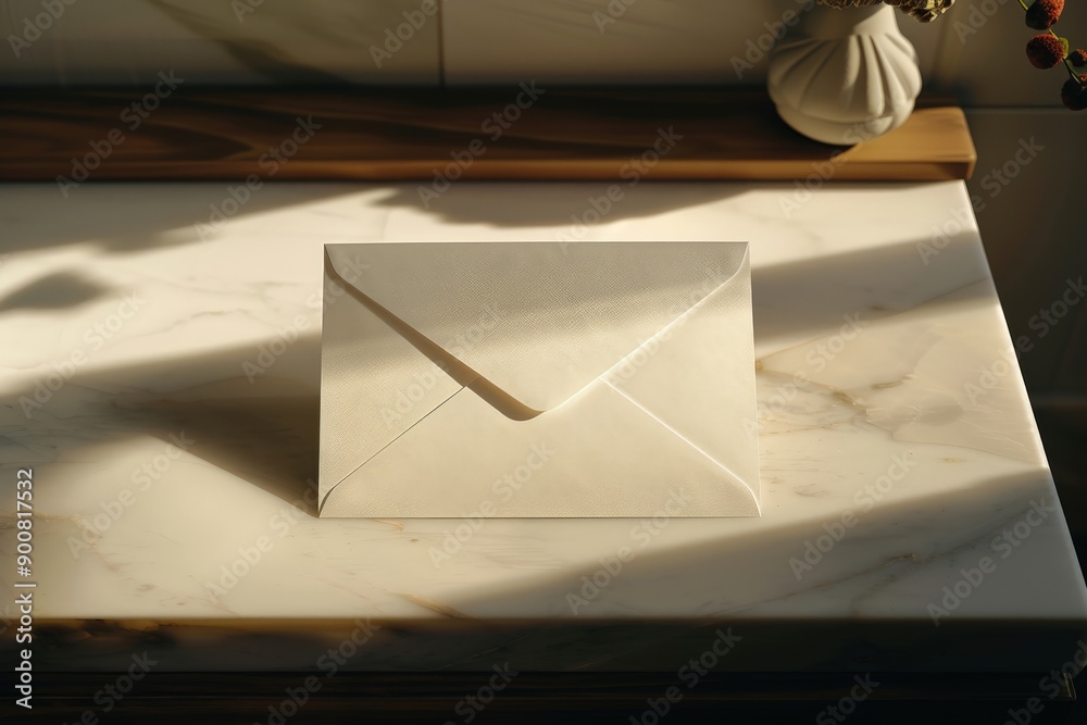 Leinwandbilder an envelope is placed on a marble surface with sunlight casting warm shadows, representing communica