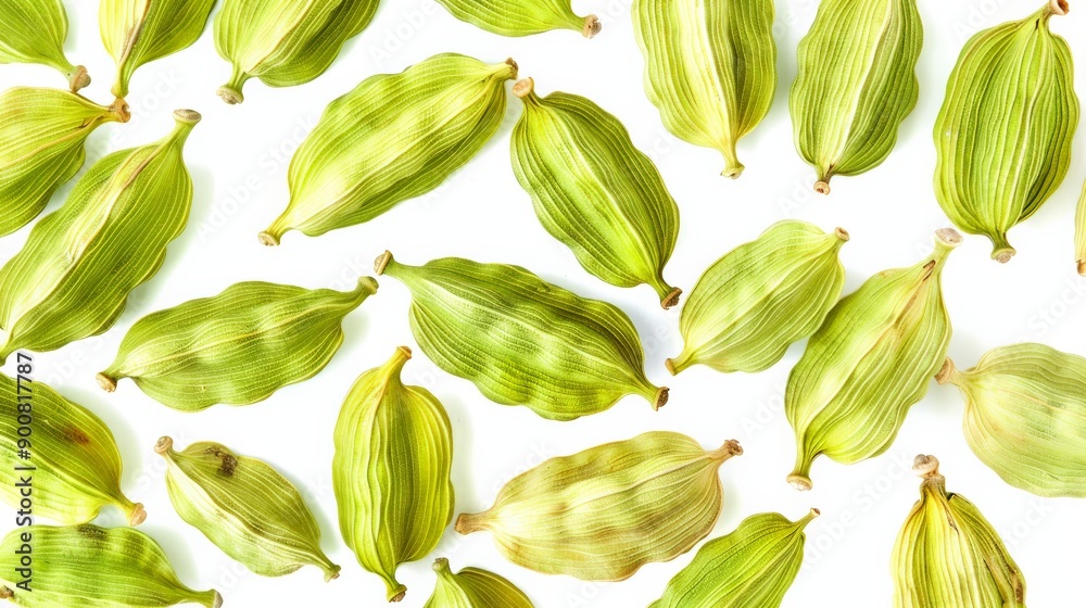 Aufkleber A close-up image of several green dried cardamom pods bunched together, showcasing their textured shells and illuminating the importance of this aromatic spice in culinary practices.