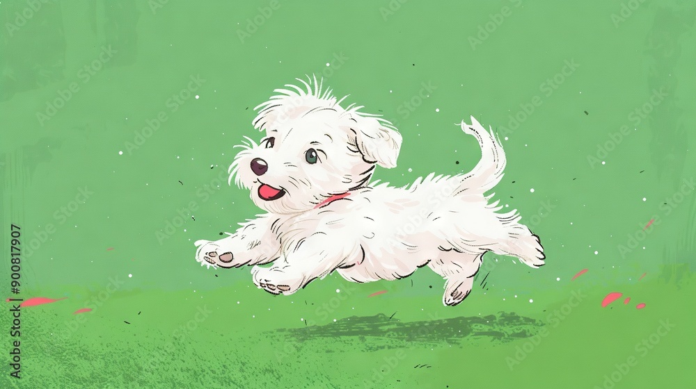 Poster a small white dog runs on a green grass field, with a red collared dog in the foreground