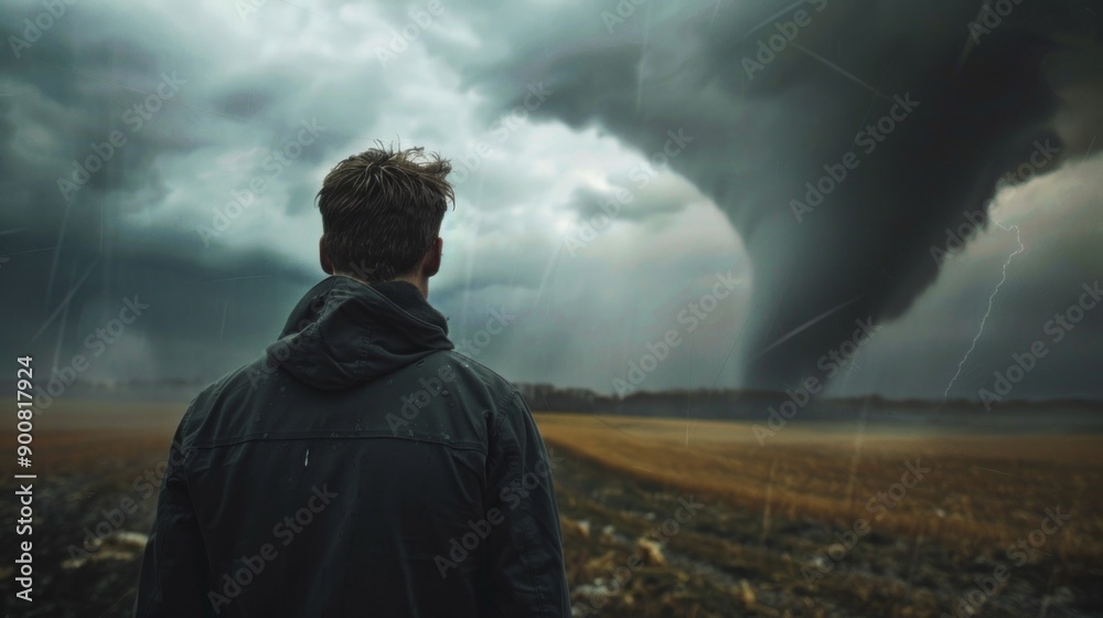 Poster a man is standing in a field looking at a tornado