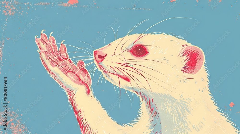 Poster a portrait of a ferret raising its paw to its mouth against a backdrop of azure skies