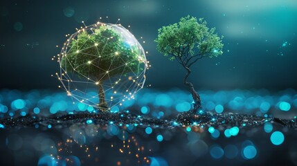 This image showcases a single tree encapsulated within a luminous digital network sphere, symbolizing a modern blend of nature and technology in an ethereal landscape.